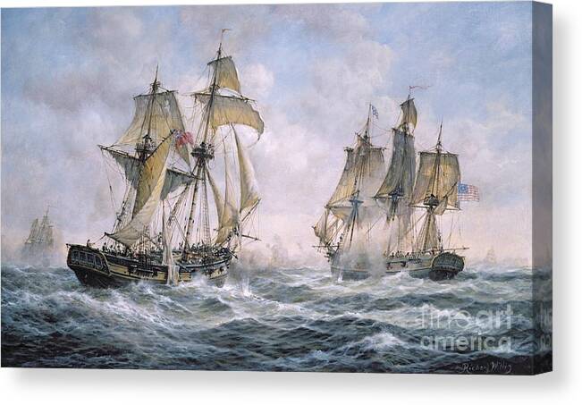 Seascape; Ships; Sail; Sailing; Ship; War; Battle; Battling; United States; Wasp; Brig Of War; Frolic; Sea; Water; Cloud; Clouds; Flag; Flags; Sloop; Action; Wave; Waves Canvas Print featuring the painting Action Between U.S. Sloop-of-War 'Wasp' and H.M. Brig-of-War 'Frolic' by Richard Willis