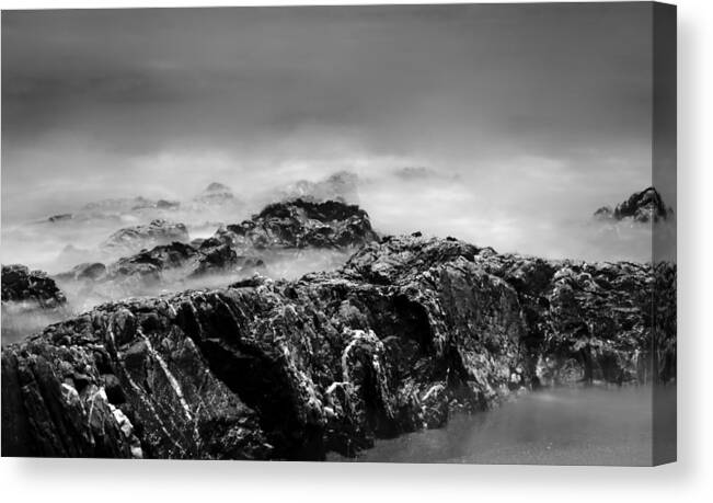 Surf Canvas Print featuring the photograph Beach Rocks and Surf in Mono by Georgia Clare