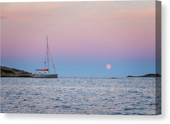 Boat Canvas Print featuring the photograph Moonrise At Sunset by Rick Deacon