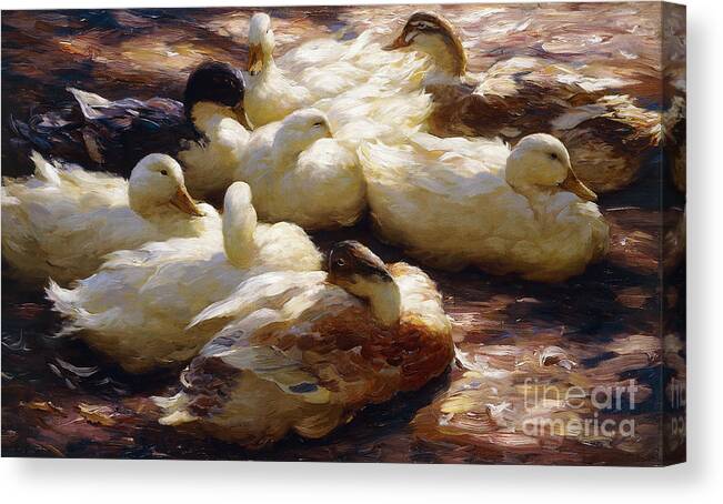 Duck Canvas Print featuring the painting Ducks On A Riverbank By Alexander Koester by Alexander Koester