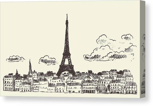Engraving Canvas Print featuring the digital art Paris Skyline France Eiffel Sketch by Thedafkish