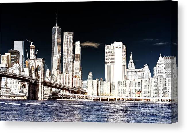 Downtown View From Dumbo Canvas Print featuring the photograph Downtown Manhattan View Infrared from Dumbo by John Rizzuto