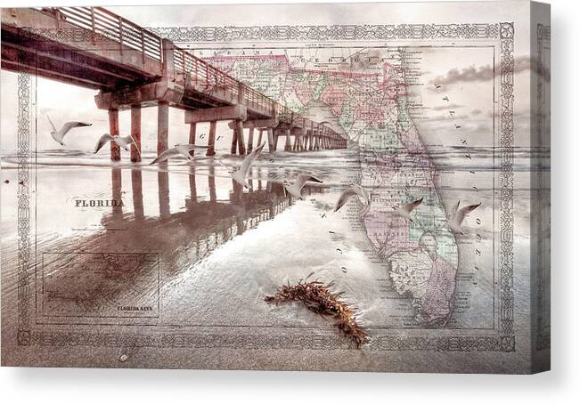 Map Canvas Print featuring the photograph Ocean Pier Beachhouse Vintage Map Seascape by Debra and Dave Vanderlaan