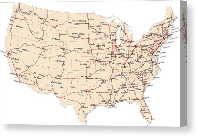 Vector Canvas Print featuring the drawing USA highway map by Miniature