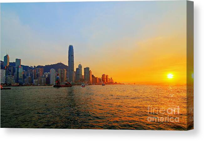 Hong Kong Canvas Print featuring the photograph Golden Sunset in Hong Kong #1 by Lars Ruecker