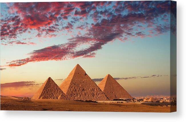 Ancient History Canvas Print featuring the photograph Sunset At The Pyramids, Giza, Cairo #1 by Nick Brundle Photography