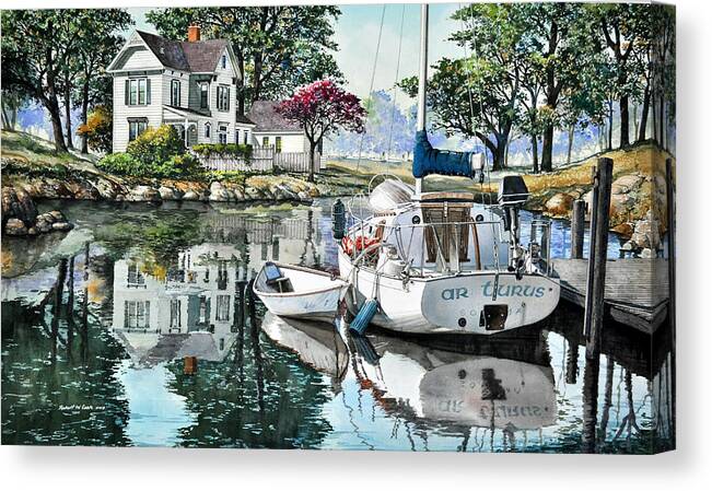 Boats Canvas Print featuring the painting At Journys End by Robert W Cook 