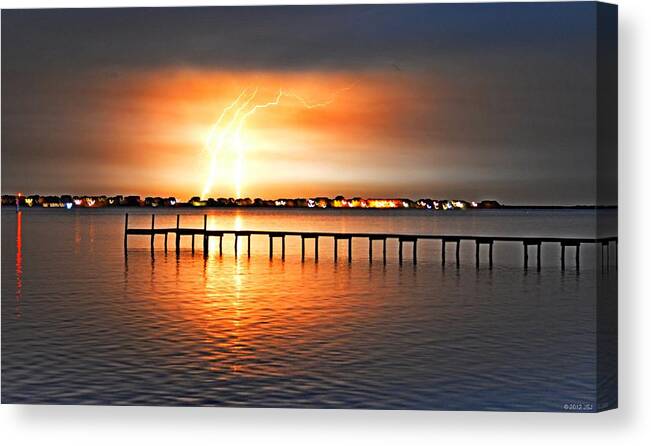 Landscape Canvas Print featuring the photograph Awesome Lightning Electrical Storm on Sound by Jeff at JSJ Photography