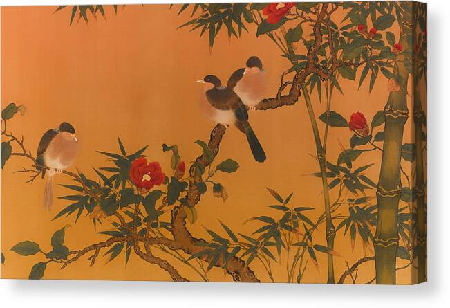 Painting Canvas Print featuring the painting Birds Bamboo and Camelias by Mountain Dreams