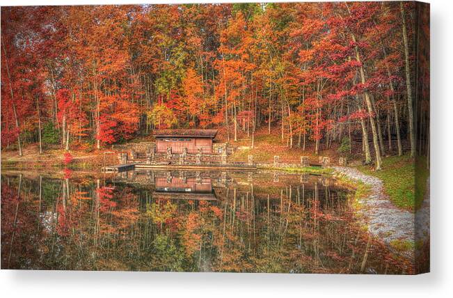 Boley Lake Canvas Print featuring the photograph Boathouse at Boley Lake by Jaki Miller