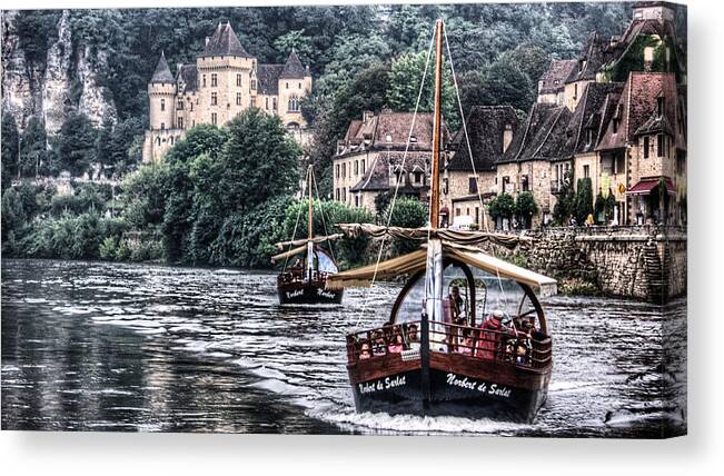 France Canvas Print featuring the photograph Boats sailing the Dordogne river in La Roque Gageac by Weston Westmoreland
