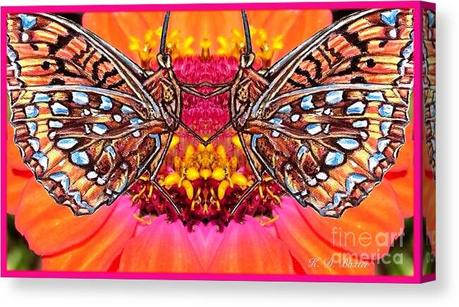 Two Butterfly Images Mirror Images Of Each Other In Front Of A Orange Red Flower Their Legs And Feet Touch Together In The Center And Seem To Be Dancing Joyful Nature Scene Depicts Butterflies Looking Like They Are Dancing Acrylic Photograph And Digital Art Canvas Print featuring the mixed media Butterfly Jig by Kimberlee Baxter