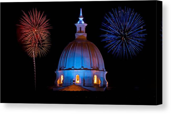 Religion Canvas Print featuring the photograph Cathedral and Fireworks by Jess Kraft