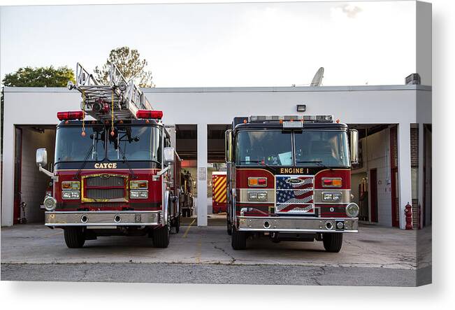 Cayce Canvas Print featuring the photograph Cayce Fire Trucks-1 by Charles Hite