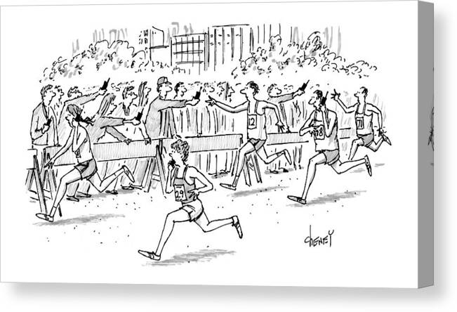 Telephones - Cellular Canvas Print featuring the drawing Cell Phone Marathon by Tom Cheney
