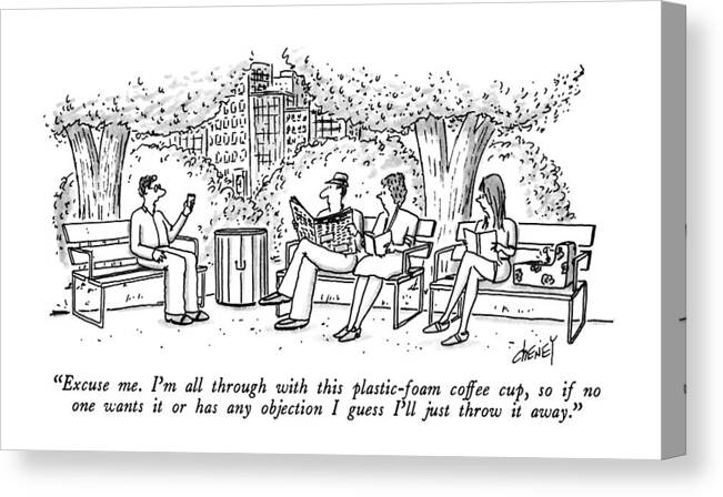 

 Man Speaks To Group Of People Sitting On Park Benches. 
Environment Canvas Print featuring the drawing Excuse Me. I'm All Through With This by Tom Cheney