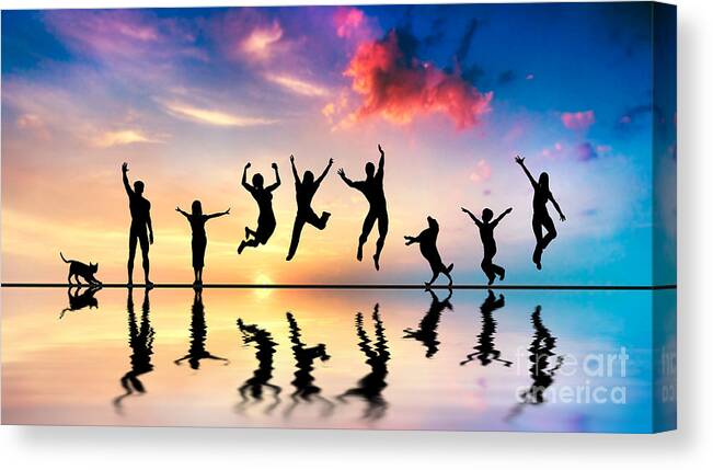 Team Canvas Print featuring the photograph Happy friends family with dog and cat jumping at sunset by Michal Bednarek