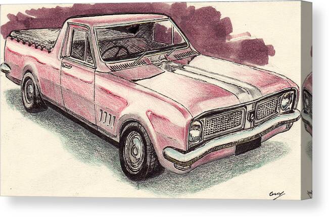 Holden Ute Australia Bathurst Aussie Pickup Car V8 Classic Red Canvas Print featuring the drawing Hg Holden ute by Guy Pettingell