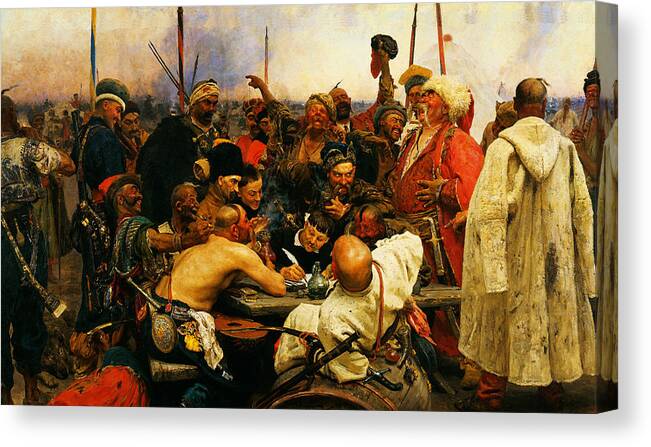 Ilya Repin 3 Reply Of The Zaporozhian Cossacks To Sultan Mehmed Iv Of Ottoman Empire1 Canvas Print featuring the painting Ilya Repin 3 Reply Of The Zaporozhian Cossacks To Sultan Mehmed Iv Of Ottoman Empire1 by MotionAge Designs