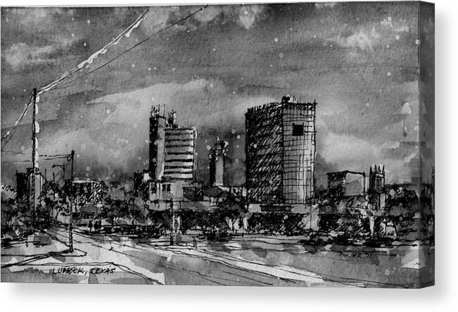  Canvas Print featuring the painting Lubbock Texas Skyline BW by Tim Oliver