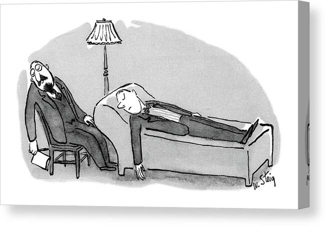 (man On A Psychiatrist's Couch. They Are Both Asleep.) Psychiatry Canvas Print featuring the drawing New Yorker January 8th, 1955 by William Steig