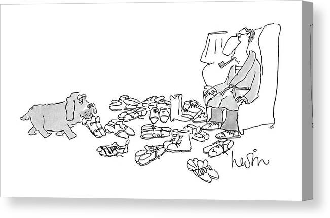 No Caption
A Man In Bathrobe Smoking Pipe Sits In An Armchair As A Dog Delivers Pairs Of Shoes And Boots To Him. Man Is Surrounded By The Pairs. 
No Caption
A Man In Bathrobe Smoking Pipe Sits In An Armchair As A Dog Delivers Pairs Of Shoes And Boots To Him. Man Is Surrounded By The Pairs. 
Dogs Canvas Print featuring the drawing New Yorker July 25th, 1988 by Arnie Levin