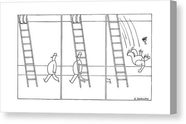 111241 Oso Otto Soglow Man Walks Under Ladder. The Painter Who Is On It Falls Down. Bad Balance Balanced Down Falling Falls Fell Hurt Injured Ladder-the Luck Man Moved Painter Painting Tumble Tumbling Unbalanced Under Unsteady Walks Canvas Print featuring the drawing New Yorker June 21st, 1941 by Otto Soglow