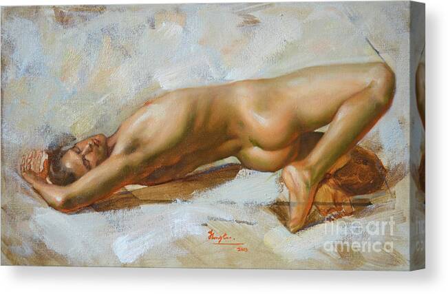 Male Nude Canvas Print featuring the painting Original Oil Painting Gay Man Body Art-male Nude Lying On The Floor-016 by Hongtao Huang
