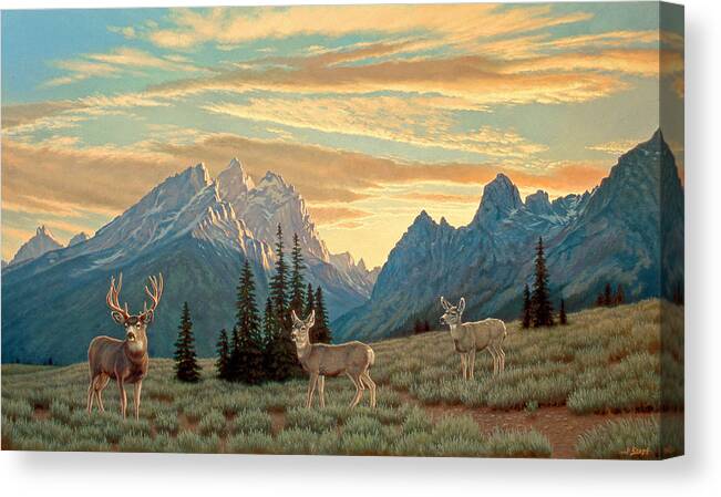Landscape Canvas Print featuring the painting Peaceful Evening - Tetons by Paul Krapf