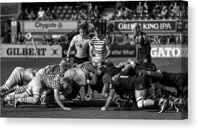 Rugby Canvas Print featuring the photograph Power Demonstration ... by Peter Sticza