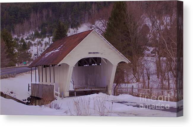Covered Bridge Canvas Print featuring the photograph Schoolhouse Covered Bridge. by New England Photography