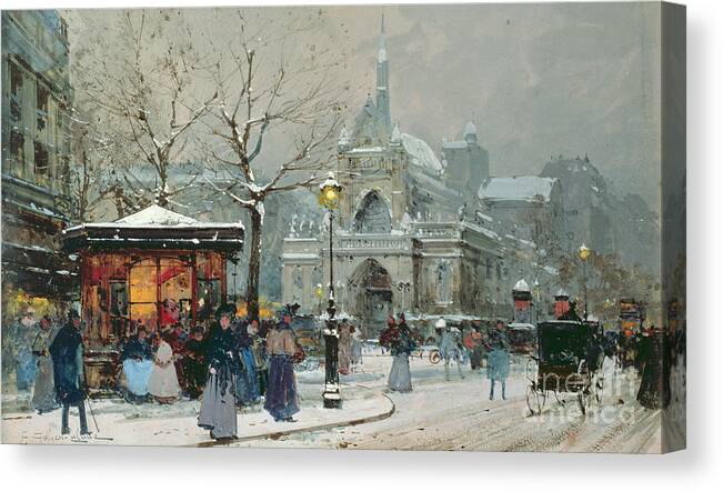 Gas Light Canvas Print featuring the painting Snow Scene in Paris by Eugene Galien-Laloue