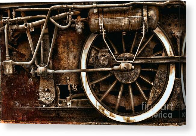 Wheels Canvas Print featuring the photograph Steampunk- Wheels of vintage steam train by Daliana Pacuraru
