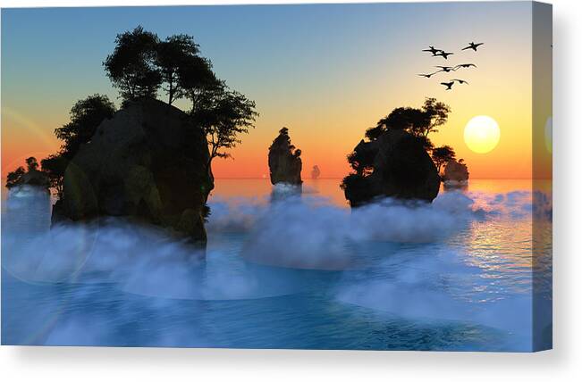 Sun Canvas Print featuring the digital art Sunset or sunrise with rocky islands by Bruce Rolff
