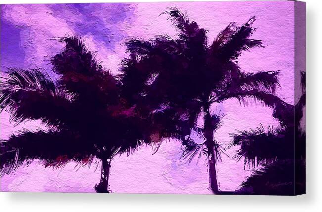 Anthony Fishburne Canvas Print featuring the digital art Sunset purple palm tree by Anthony Fishburne