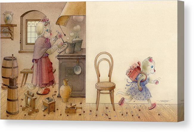 Cat Breakfast Kitchen Dream Fantasy Brown Blue Canvas Print featuring the painting The Dream Cat 12 by Kestutis Kasparavicius