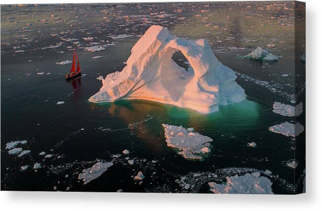 Greenland Canvas Print featuring the photograph The Small Red Boat by Marc Pelissier