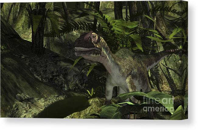 Dinosaur Canvas Print featuring the digital art Utahraptor In A Prehistoric Forest by Kostyantyn Ivanyshen