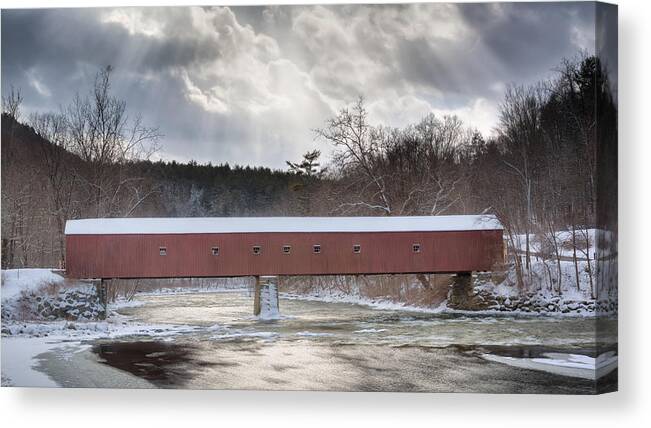 West Cornwall Covered Bridge Canvas Print featuring the photograph West Cornwall Covered Bridge Winter by Bill Wakeley