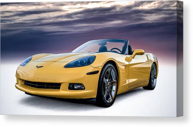 Yellow Canvas Print featuring the digital art Yellow Corvette Convertible by Douglas Pittman