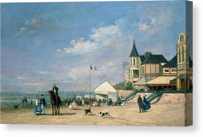 The Canvas Print featuring the painting The Beach at Trouville by Eugene Louis Boudin