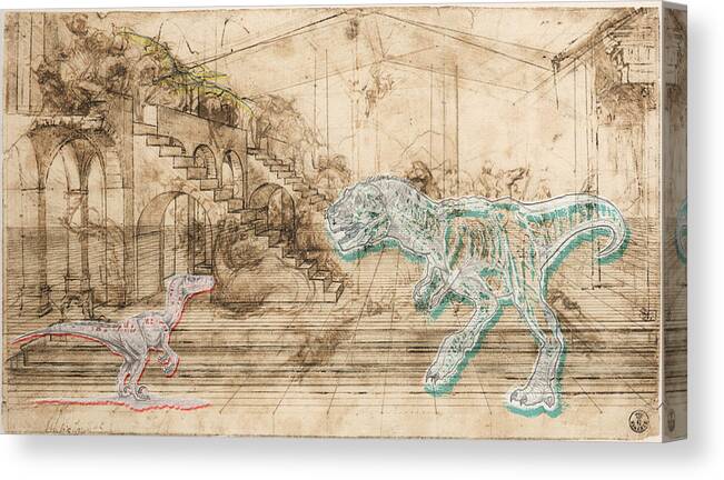 Dinosaur Canvas Print featuring the mixed media Dinosaur Battle by Marcus Jules