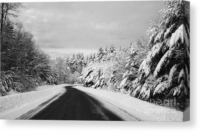 Black And White Canvas Print featuring the photograph Maine Winter Backroad - One Lane Bridge by Christy Bruna