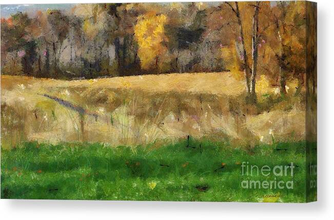 Pasture Field Expanse Grassland Autumn Path Meadow Trail Walk Morning Light Canvas Print featuring the painting Morning Glow by Vilas Malankar