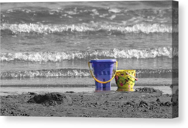 Buckets Purple Yellow Sand Beach Canvas Print featuring the photograph Play Time by Raymond Earley