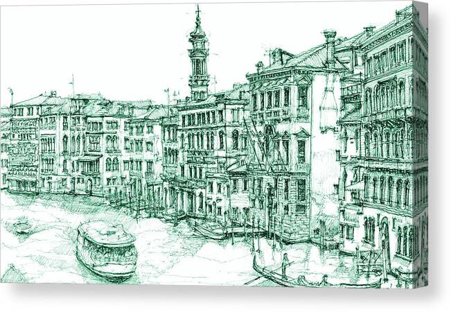 Green Canvas Print featuring the drawing Venice drawing in green by Building Art