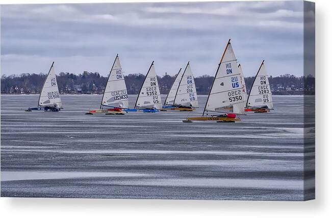 Ice Boats Canvas Print featuring the photograph ice sailing - Madison - Wisconsin by Steven Ralser