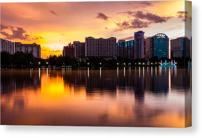 Sunset Canvas Print featuring the photograph Downtown Orlando #3 by Mike Dunn