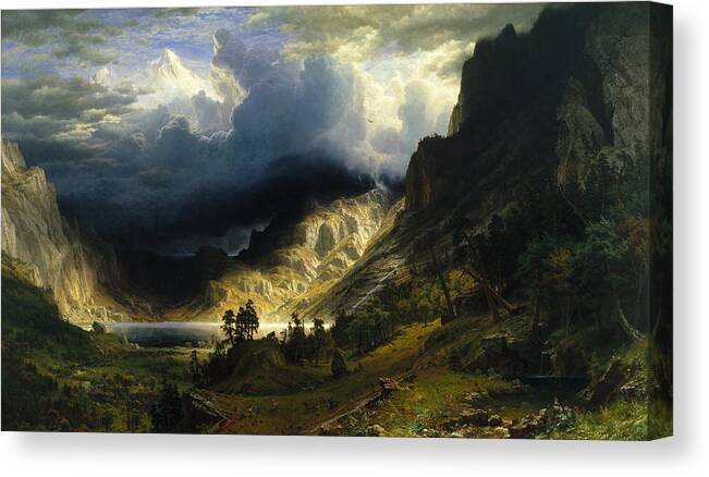 A Storm In The Rocky Mountains Canvas Print featuring the painting A Storm in the Rocky Mountains by Albert Bierstadt