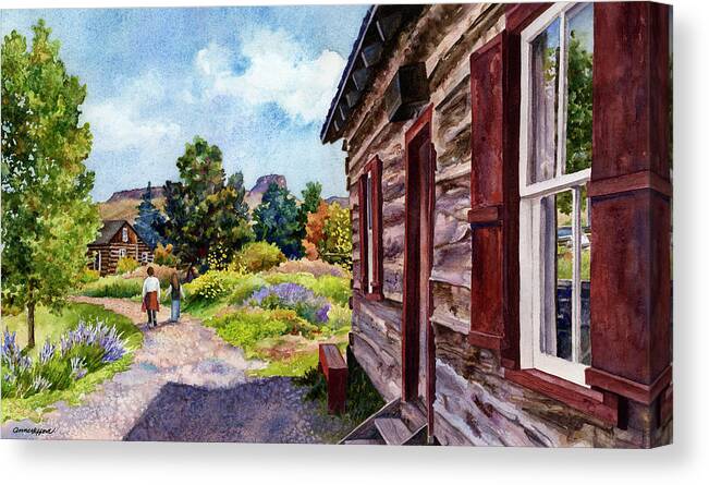 Log Cabin Painting Canvas Print featuring the painting A Stroll Through Time by Anne Gifford